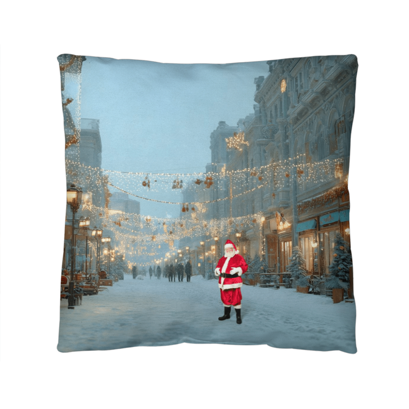 Winter Street Scene Christmas Cushion – Double-Sided Santa & Snowman Design | Holiday Indoor/Outdoor Pillow