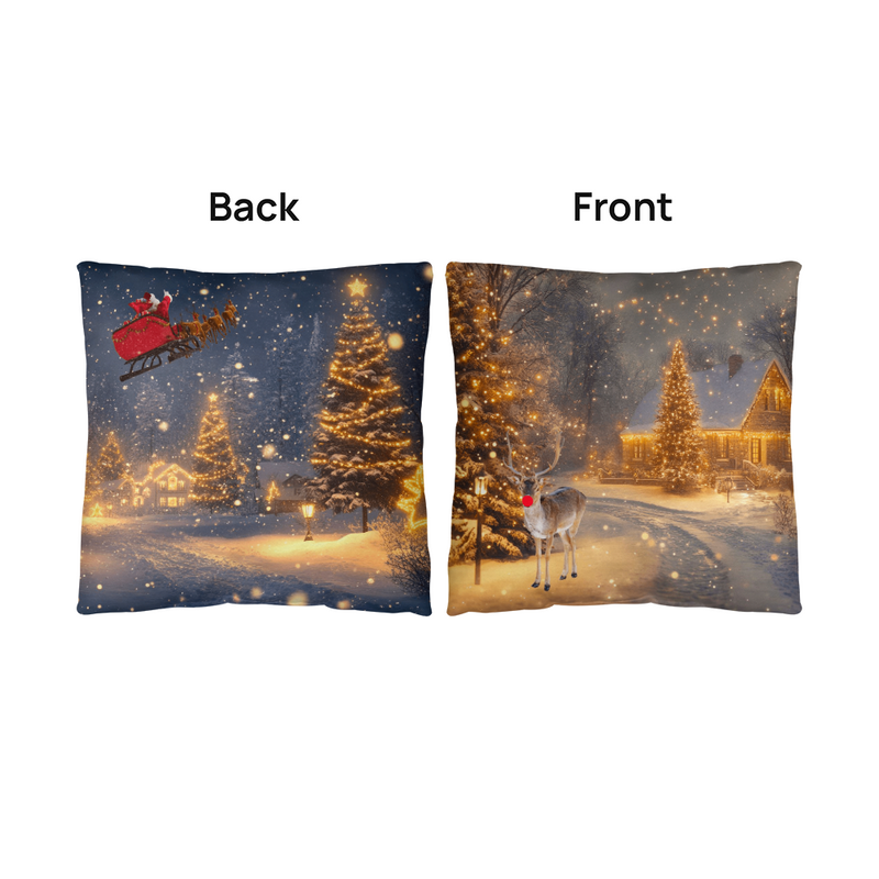 Reversible Christmas Pillow – Winter Wonderland Cushion with Reindeer & Santa Sleigh | Waterproof Holiday Home Décor