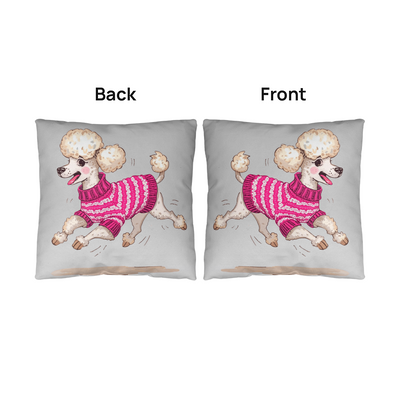 Cute Poodle Dog Cushion – Reversible Poodle Pillow with Pink Sweater Waterproof Indoor/Outdoor Décor