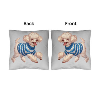 Cute Poodle Dog Cushion – Reversible Poodle Pillow with Blue Sweater Waterproof Indoor/Outdoor Décor