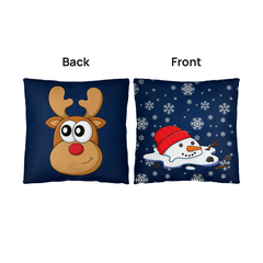 Funny Blue Christmas Cushion – Reversible Reindeer & Melting Snowman Pillow Festive Indoor/Outdoor Holiday Décor