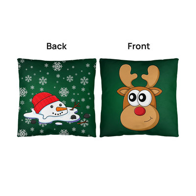 Funny Green Christmas Cushion – Reversible Reindeer & Melting Snowman Pillow Festive Indoor/Outdoor Holiday Décor