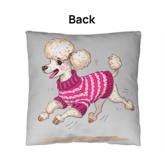 Cute Poodle Dog Cushion – Reversible Poodle Pillow with Pink Sweater Waterproof Indoor/Outdoor Décor
