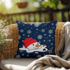 Funny Blue Christmas Cushion – Reversible Reindeer & Melting Snowman Pillow Festive Indoor/Outdoor Holiday Décor