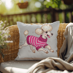 Cute Poodle Dog Cushion – Reversible Poodle Pillow with Pink Sweater Waterproof Indoor/Outdoor Décor