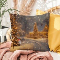 Reversible Christmas Pillow – Winter Wonderland Cushion with Reindeer & Santa Sleigh | Waterproof Holiday Home Décor