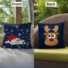 Funny Blue Christmas Cushion – Reversible Reindeer & Melting Snowman Pillow Festive Indoor/Outdoor Holiday Décor
