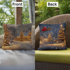 Reversible Christmas Pillow – Winter Wonderland Cushion with Reindeer & Santa Sleigh | Waterproof Holiday Home Décor