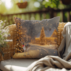 Reversible Christmas Pillow – Winter Wonderland Cushion with Reindeer & Santa Sleigh | Waterproof Holiday Home Décor