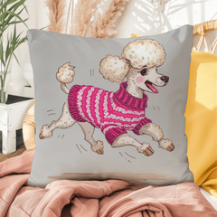 Cute Poodle Dog Cushion – Reversible Poodle Pillow with Pink Sweater Waterproof Indoor/Outdoor Décor