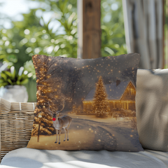 Reversible Christmas Pillow – Winter Wonderland Cushion with Reindeer & Santa Sleigh | Waterproof Holiday Home Décor