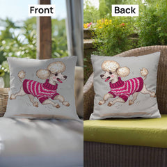 Cute Poodle Dog Cushion – Reversible Poodle Pillow with Pink Sweater Waterproof Indoor/Outdoor Décor