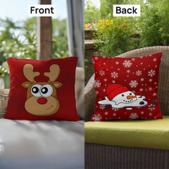 Funny Red Christmas Cushion – Reversible Reindeer & Melting Snowman Pillow Festive Indoor/Outdoor Holiday Décor