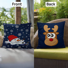 Funny Blue Christmas Cushion – Reversible Reindeer & Melting Snowman Pillow Festive Indoor/Outdoor Holiday Décor